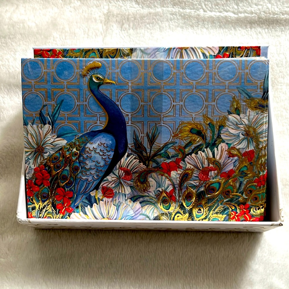 14 designer blank cards - peacock and flowers